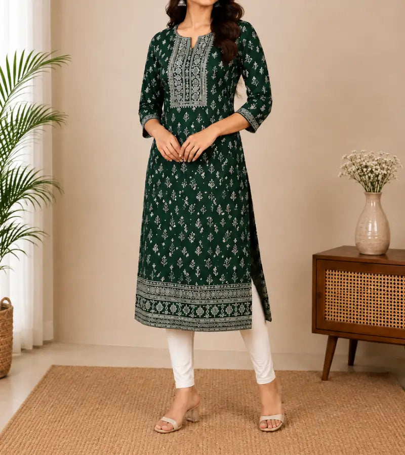 Green Printed Cotton Kurti002