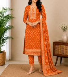 Orange Printed Kurti Set001