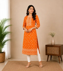 Orange Printed Cotton Kurti 004