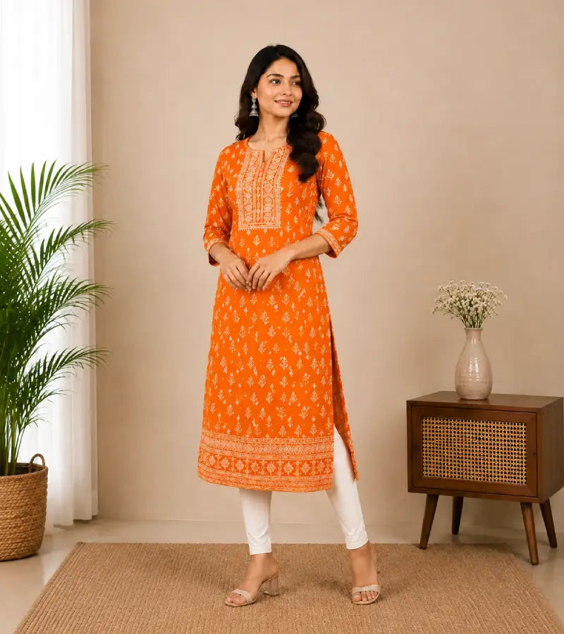 Orange Printed Cotton Kurti 004