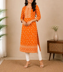 Orange Printed Cotton Kurti 004