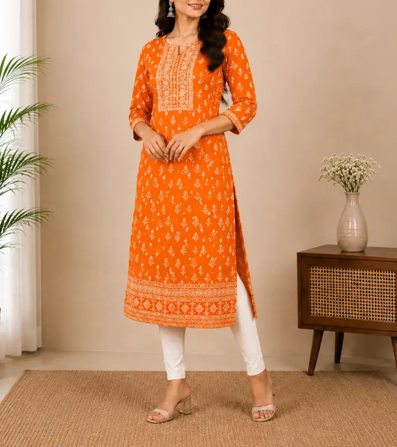 Orange Printed Cotton Kurti 004