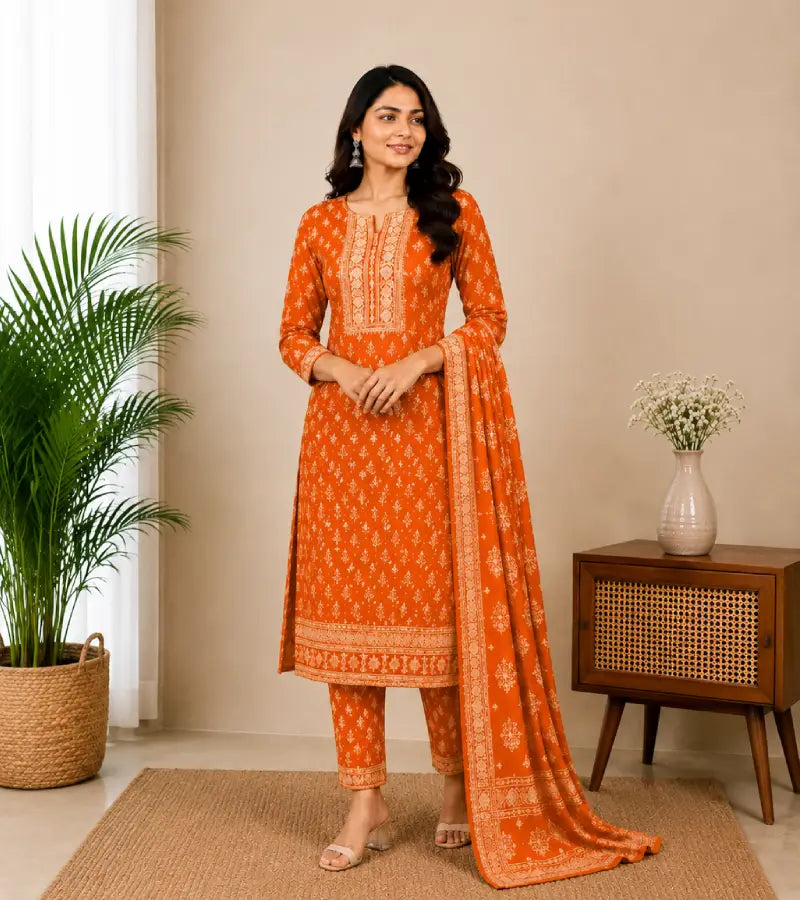 Orange Printed Kurti Set001