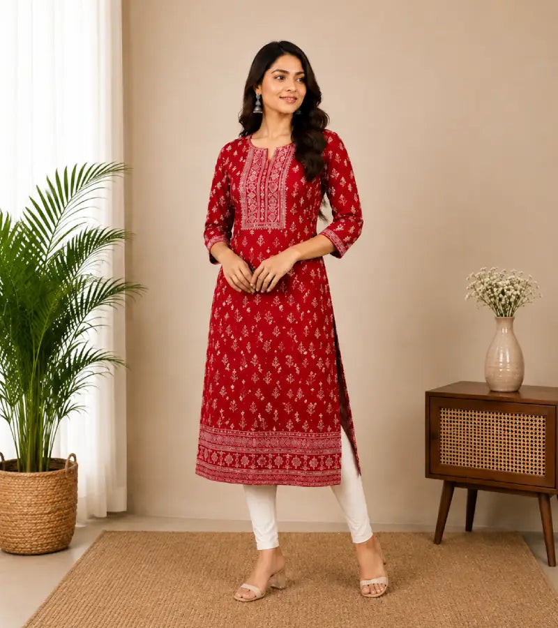 Red Printed Cotton Kurti003