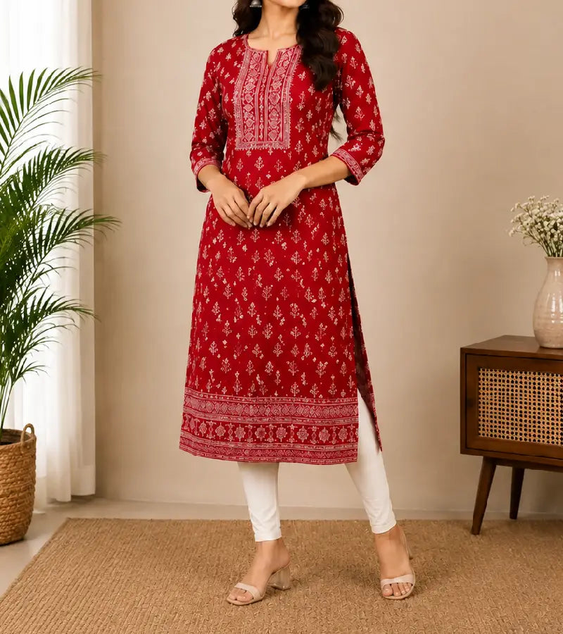 Red Printed Cotton Kurti003