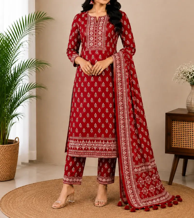 Red Printed Kurti Set005